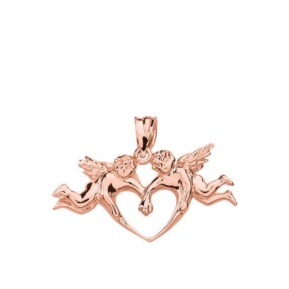 Solid Rose Gold Cherub Angels Love Heart Pendant Necklace
