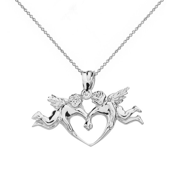 Solid White Gold Cherub Angels Love Heart Pendant Necklace