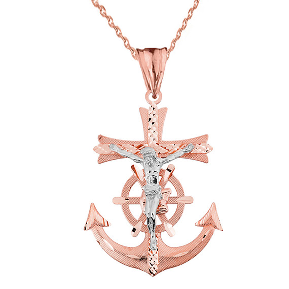 Mariners Anchor Crucifix Pendant Necklace in Two Toned Solid Rose Gold