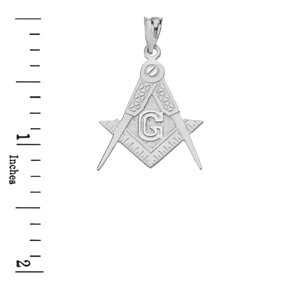 White Gold Freemason Square & Compass Masonic Pendant with measurement