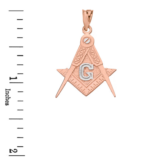 Two Tone Rose Gold Freemason Square & Compass Masonic Pendant with measurement