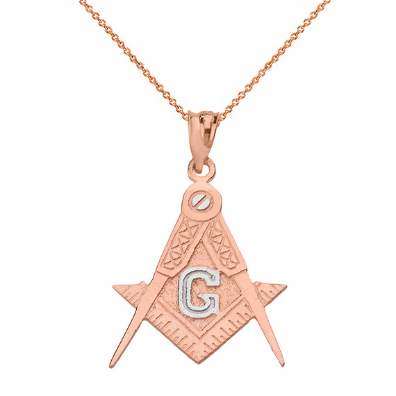 Two Tone Rose Gold Freemason Square & Compass Masonic Pendant Necklace