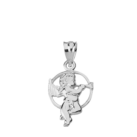 Solid White Gold Diamond Cut Cherub Angel Circle Pendant Necklace