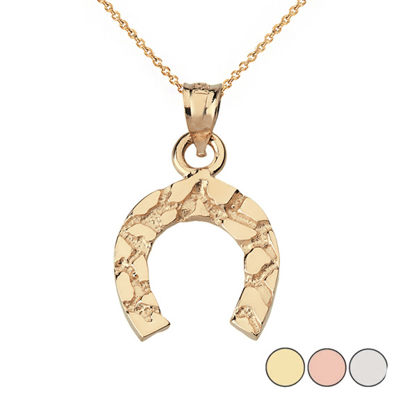 Nugget Horseshoe Pendant Necklace in Solid Gold (Yellow/Rose/White)