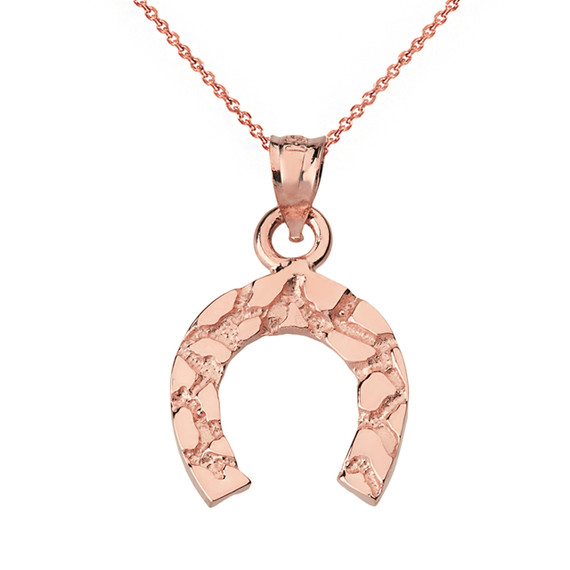 Nugget Horseshoe Pendant Necklace in Solid Gold (Yellow/Rose/White)