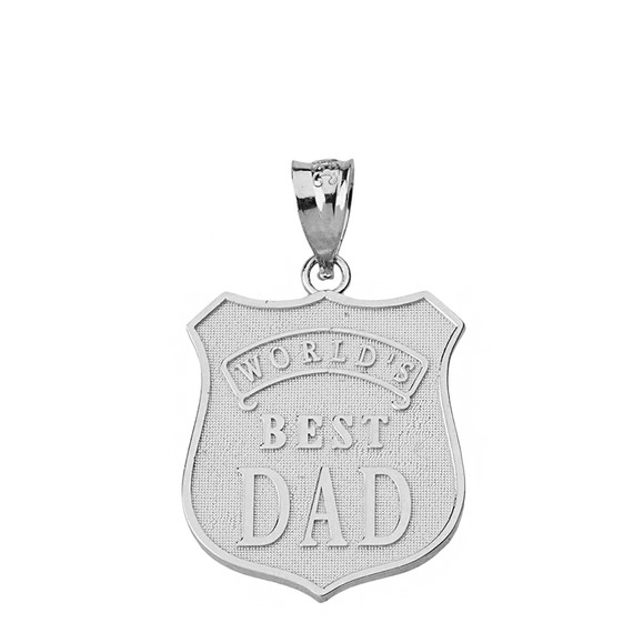 Solid White Gold Matte and Shiny World's Best Dad Badge Pendant Necklace