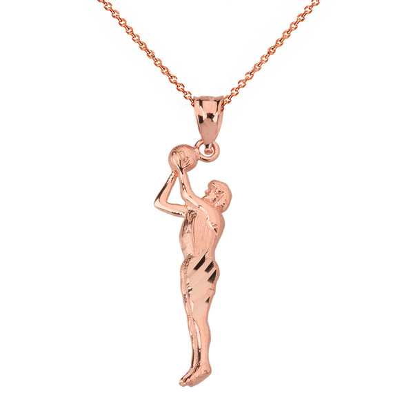 Solid Genuine Rose Gold Sparkle Cut Men's Basketball Pendant Necklace