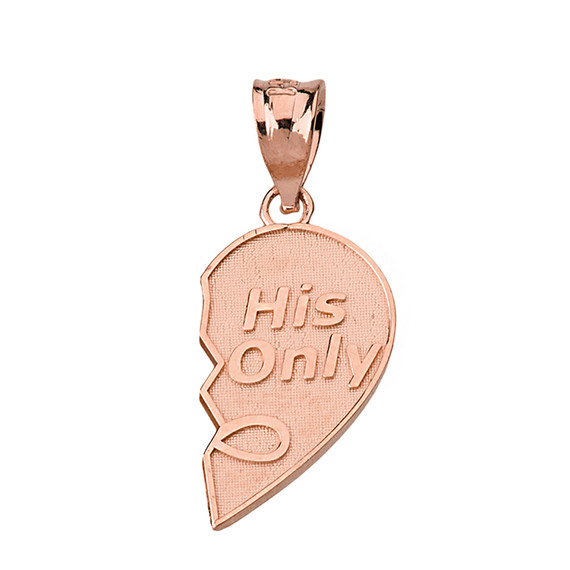 Solid Rose Gold Her One His Only Break Apart Heart 2 - Piece Pendant Necklace