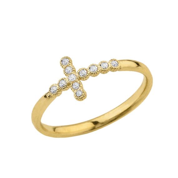 Gold Dainty Diamond Sideways Cross Ring