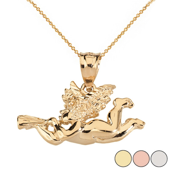 Cherub Angel Pendant Necklace in Solid Gold (Yellow/Rose/White)