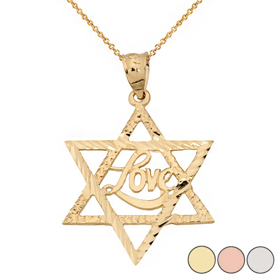 Sparkle Cut Star of David with Cursive Love Font Pendant Necklace in Solid Gold (Yellow/Rose/White)