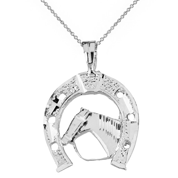 Sterling Silver Sparkle Cut Equestrian Horseshoe and Horse Pendant Necklace