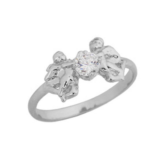 Two Cupid Angels Ring In White Gold