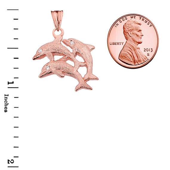 Textured Rose Gold Three Diamond Dolphins Pendant Necklace