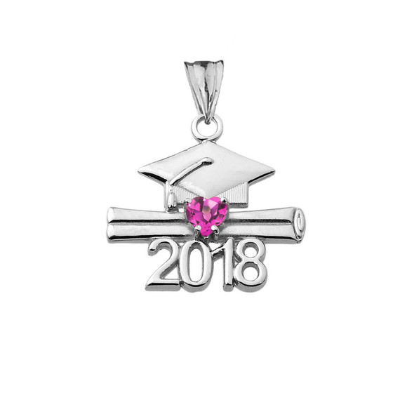 Class of 2018 Graduation Birthstone CZ Pendant Necklace in White Gold