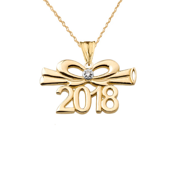 Dainty Diamond 2018 Bow And Diploma Graduation Pendant Necklace In Yellow Gold