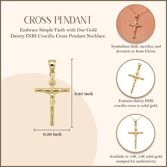 Gold Dainty Crucifix Cross (INRI) Pendant Necklace (Available in Yellow/Rose/White Gold