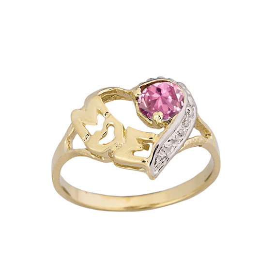 Gold Personalized "Mom" Solitaire  Open Heart Ring With CZ Birthstone (Available in Yellow/Rose/White Gold)