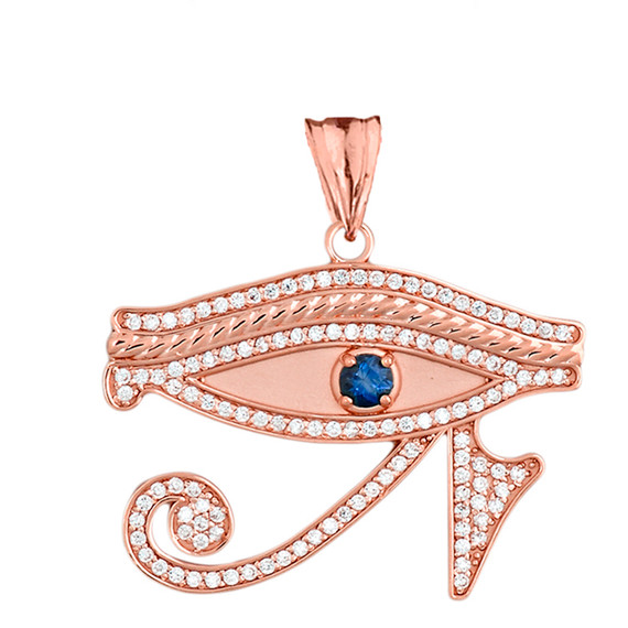 Rose Gold Studded Egyptian Eye of Horus Wedjet Blue Cubic Zirconia Pendant