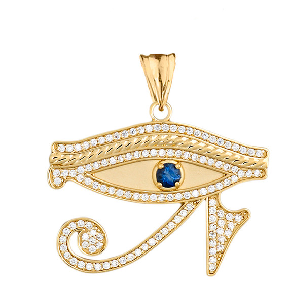 Yellow Gold Diamond Studded Egyptian Eye of Horus Wadjat Genuine Blue Sapphire Pendant