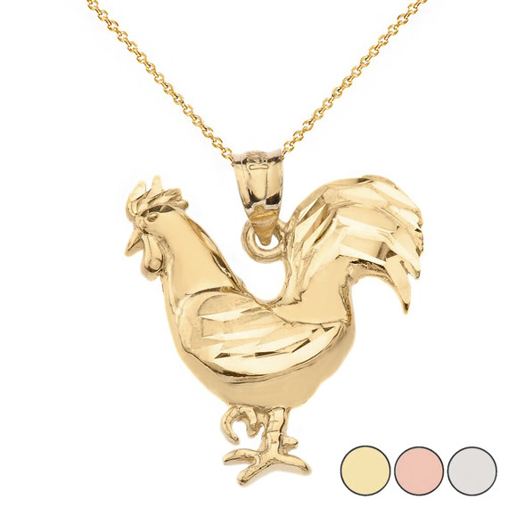 Sparkle Cut Rooster Pendant Necklace in Solid Gold (Yellow/Rose/White)