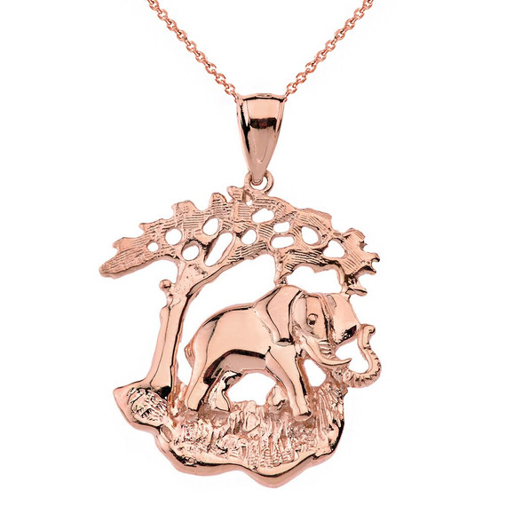 Elephant Tree of Life Pendant Necklace in Solid Gold (Yellow/Rose/White)