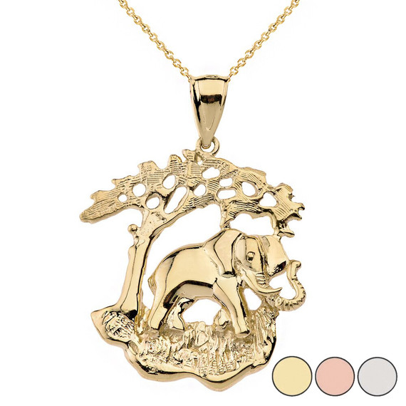 Elephant Tree of Life Pendant Necklace in Solid Gold (Yellow/Rose/White)