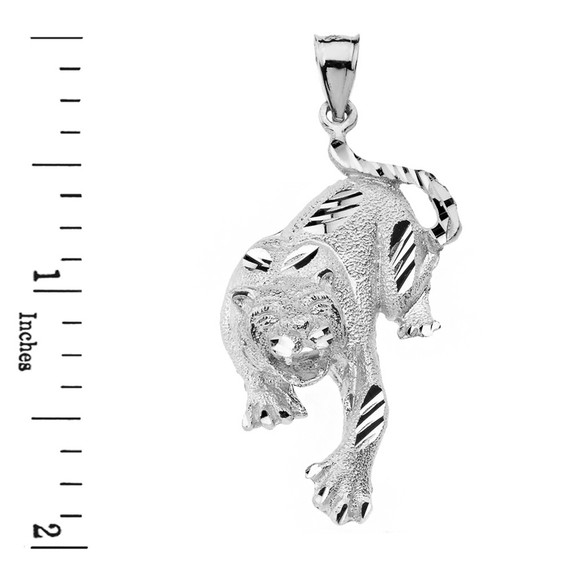 Solid White Gold Sparkle Cut Tiger Pendant Necklace