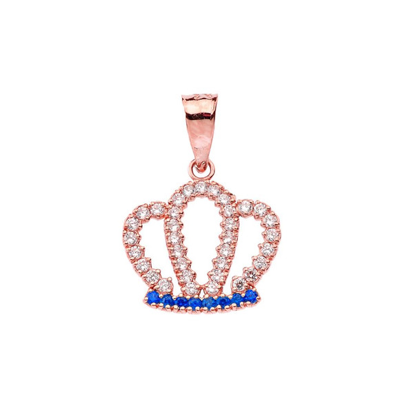 Solid Rose Gold Radiant Diamond & Sapphire Royal Crown Pendant Necklace