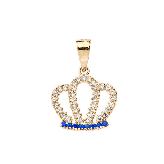 Solid Yellow Gold Radiant Blue Cubic Zirconia Royal Crown Pendant Necklace