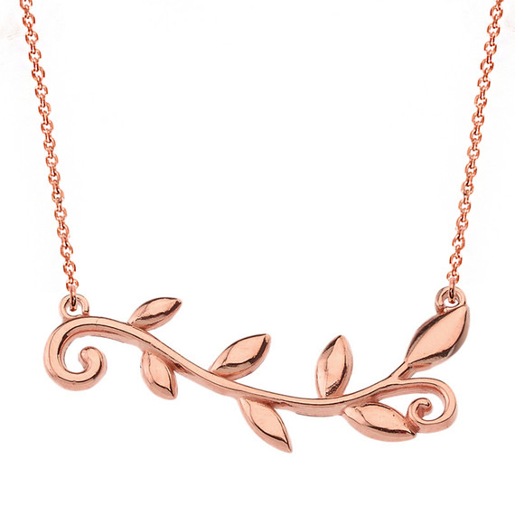 14k Solid Rose Gold Olive Branch Horizontal Necklace