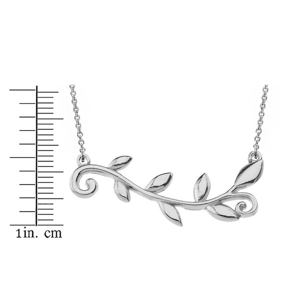 14k Solid White Gold Olive Branch Horizontal Necklace