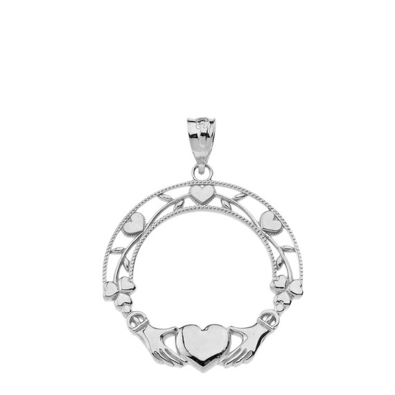 Solid White Gold Claddagh Wreath Pendant Necklace