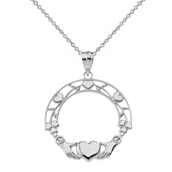 Solid White Gold Claddagh Wreath Pendant Necklace