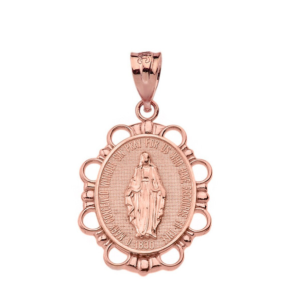Miraculous Medal of Our Lady of Graces Pendant Necklace (Large) in Solid Gold (Yellow/Rose/White)