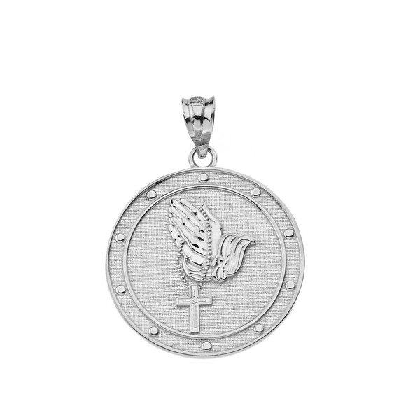 Solid White Gold Our Father Prayer Rosary Medallion Pendant Necklace