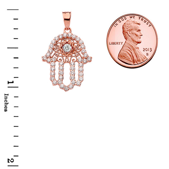 Rose Gold Studded Hamsa Hand Diamond & White Topaz Evil Eye Filigree Pendant Necklace