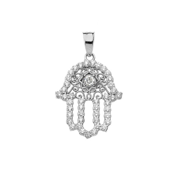 White Gold Studded Hamsa Hand White Topaz Evil Eye Filigree Pendant Necklace