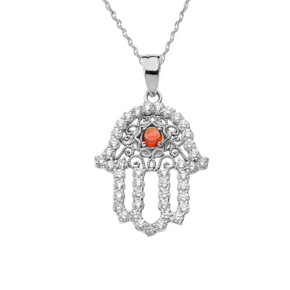 White Gold Studded Hamsa Hand Diamond & Genuine Garnet Evil Eye Filigree Pendant Necklace