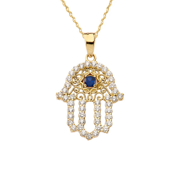 Yellow Gold Studded Hamsa Hand Blue Sapphire Evil Eye Filigree Pendant Necklace