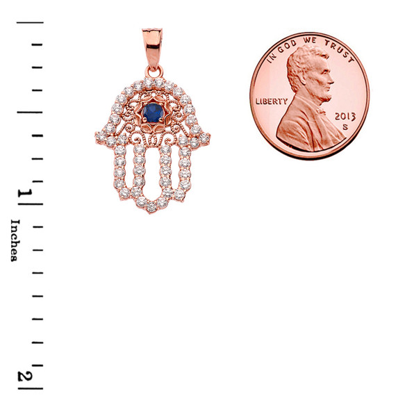 Rose Gold Studded Hamsa Hand Blue Sapphire Evil Eye Filigree Pendant Necklace with measurements