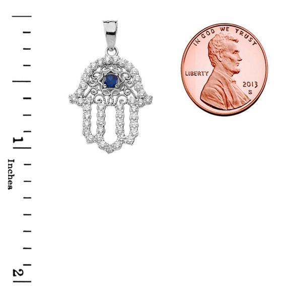 White Gold Studded Hamsa Hand Blue Sapphire Evil Eye Filigree Pendant with measurements