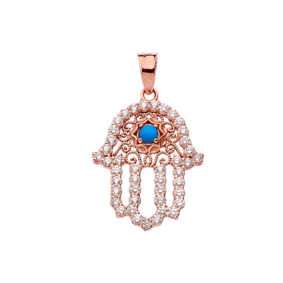 Rose Gold Studded Hamsa Hand Diamond & Turquoise Evil Eye Filigree Pendant