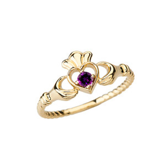 Gold Genuine Gemstone Solitaire & Promise Open Heart Rope Claddagh Ring (Available in Yellow/Rose/White Gold)