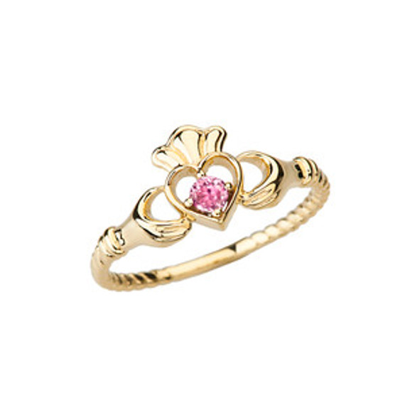 Gold Genuine Gemstone Solitaire & Promise Open Heart Rope Claddagh Ring (Available in Yellow/Rose/White Gold)