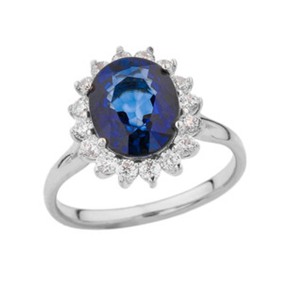 Princess Diana Inspired Halo Engagement Ring with LC Sapphire & Diamonds in White Gold