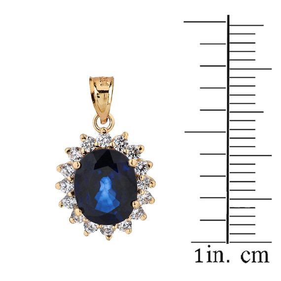 Princess Diana Inspired Halo LC Sapphire & Cubic Zirconia Pendant Necklace in Yellow Gold