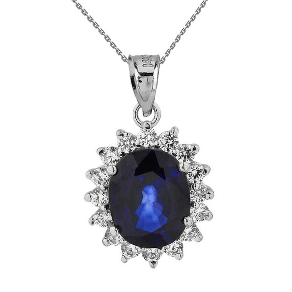 Princess Diana Inspired Halo LC Sapphire & Cubic Zirconia Pendant Necklace in White Gold