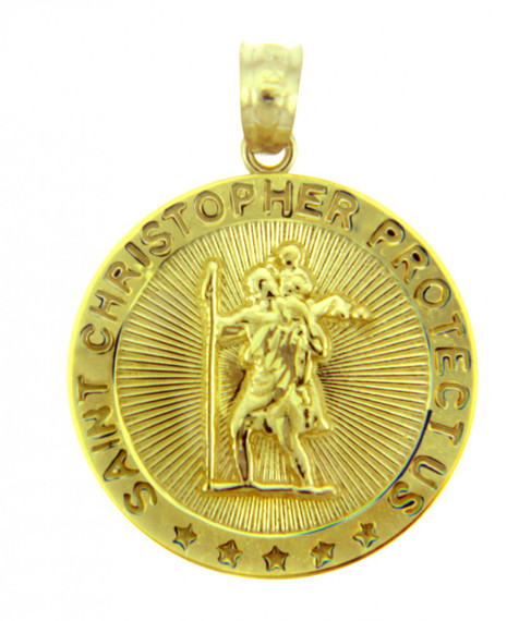 Gold Religious Pendants - The Saint Christopher Protect Us Round Yellow Gold Pendant