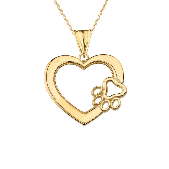 Heart Paw Print Pendant Necklace in Yellow Gold